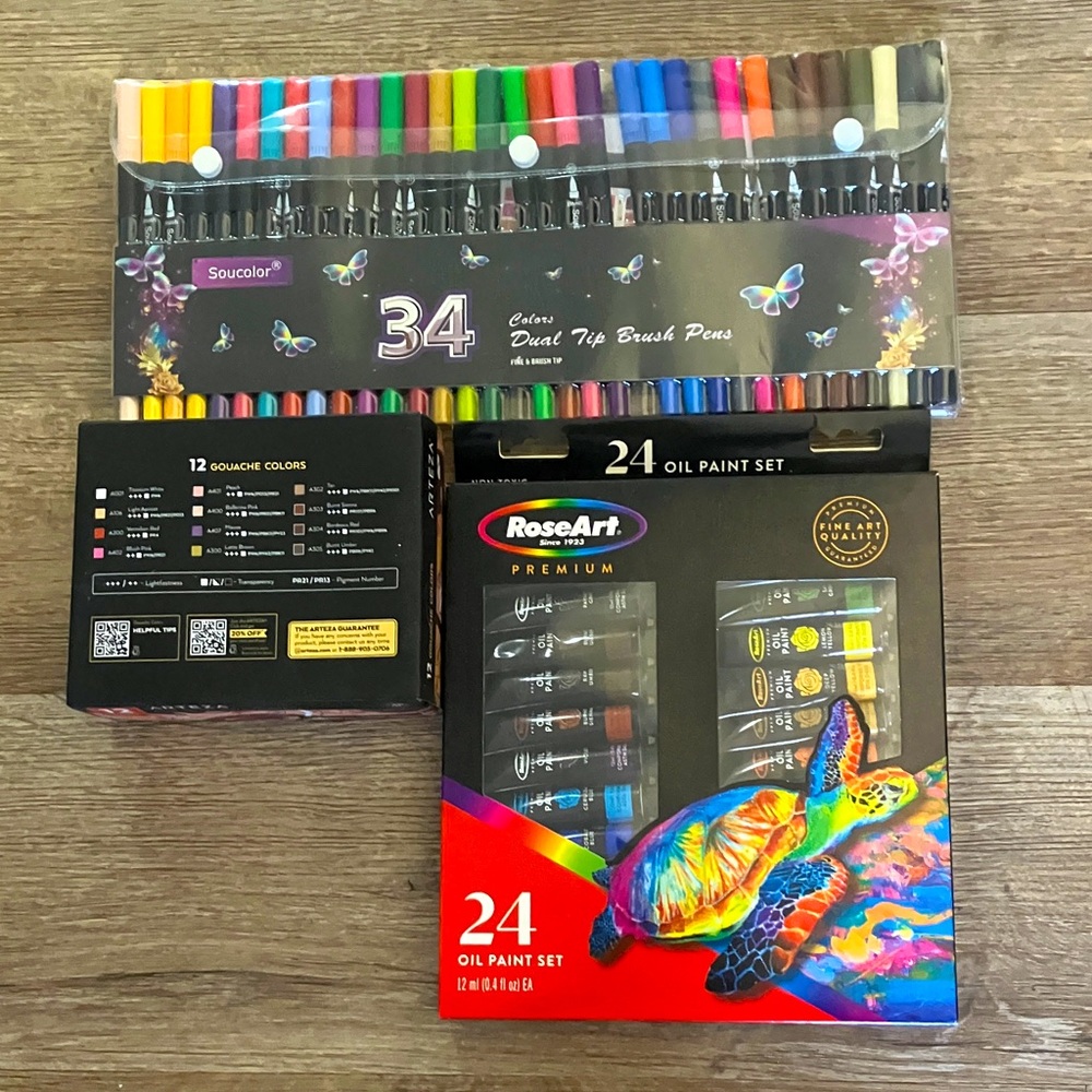 RoseArt Premium 24 Oil Paint Set with Sucolor Dual Tip Brush Pens 3 pieces NWOT